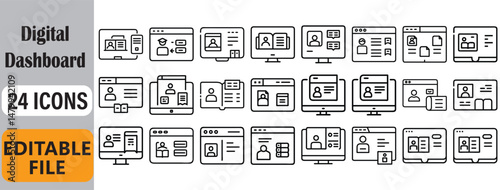 Collection of twenty four outline style digital dashboard icon designs for user interface