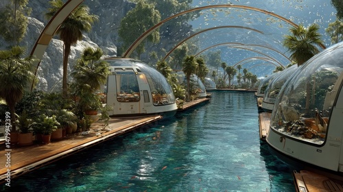 Underwater future city with glass domes ocean depths visual art serene environment unique perspectives