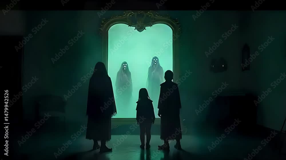 A mirror in a dimly lit room showing different ghostly reflections that do not match the people standing in front of it.
