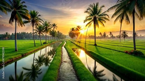 Sunrise Over Lush Green Rice Paddies and Palm Trees with Irrigation Canals Reflecting Golden Light