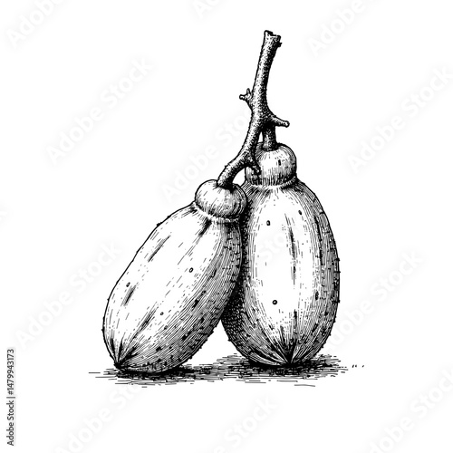 Vintage black ink sketch of tamarind pods in detailed illustration  