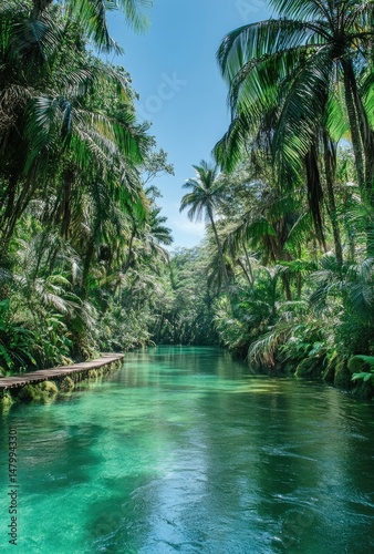 Serene tropical waterway, lush vegetation, and a wooden boardwalk