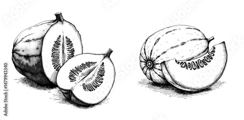 Vintage black ink sketch of fruits and vegetables including bitter melon sliced and showing seeds  