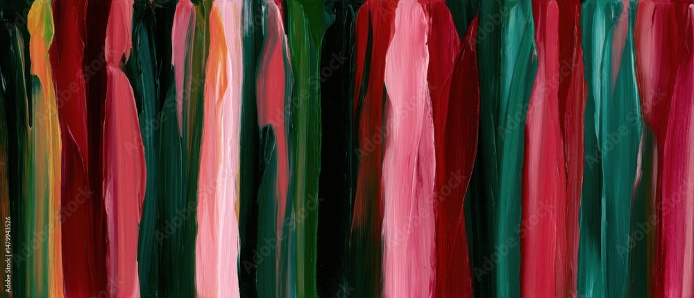 Naklejka premium Abstract Painting of Vertical Brush Strokes in Red Green and Pink Colors Close Up Modern Art Style