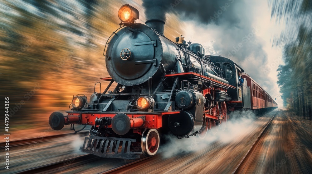Fototapeta premium Vintage steam train speeding through forest