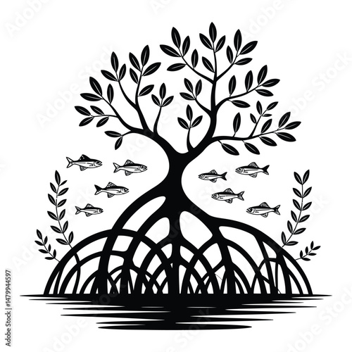 Mangrove Root Ecosystem Silhouette, Vector, Illustration, Icon, Logo, White Background.