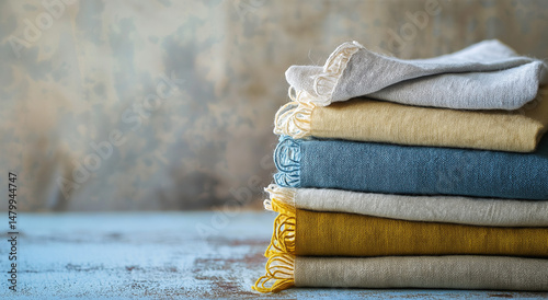 Pilha de tecidos dobrados em tons neutros, azuis e mostarda sobre uma superfície texturizada, exibindo materiais macios, decoração para casa e design de interiores photo