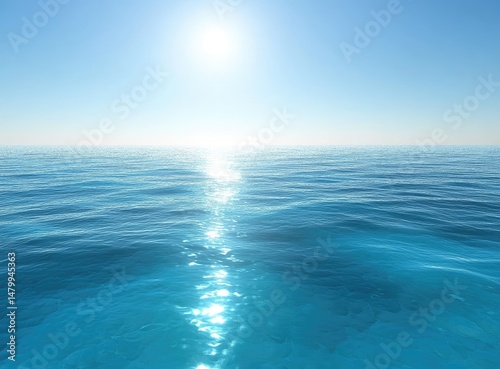 Vast expanse of tranquil turquoise ocean under a brilliant blue sky with a sun shining directly above.  A serene and clear horizon