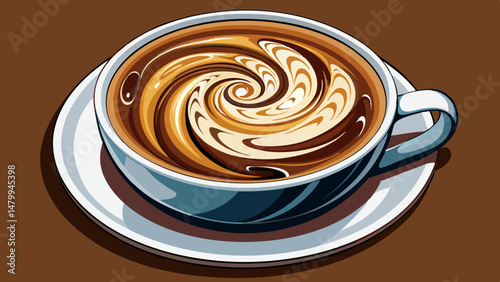A top-down view of a perfectly crafted cappuccino reveals a mesmerizing spiral of steamed milk atop rich, dark espresso. The swirling pattern creates a harmonious blend of art and flavor. white  backg