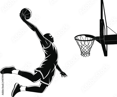 Black and white silhouette of a basketball player dunking
