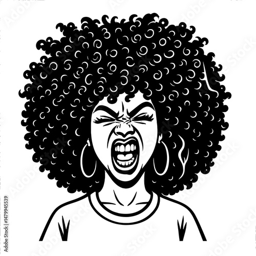 Black and white vector illustration of an angry woman with large afro hairstyle and hoop earrings shouting with intense expression in hand-drawn style
