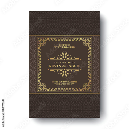 elegant wedding invitation card design with a decorative brown and gold ornamental pattern