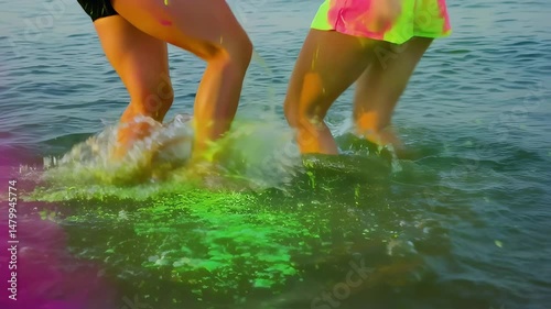 Two women's legs in water, vibrant colors.