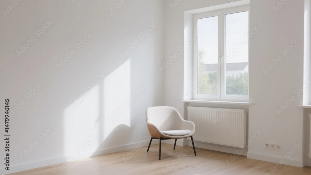 Fototapeta premium Bright Minimalist Living Room Corner Featuring Empty White Wall and Single Modern Armchair, Illuminated by Natural Daylight from Window