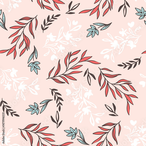 Modern Delicate Leaves and Flower Vector Seamless Pattern
