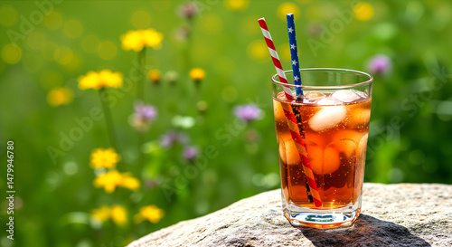 Patriotic straws in drinks on a sunny table for US Independence Day