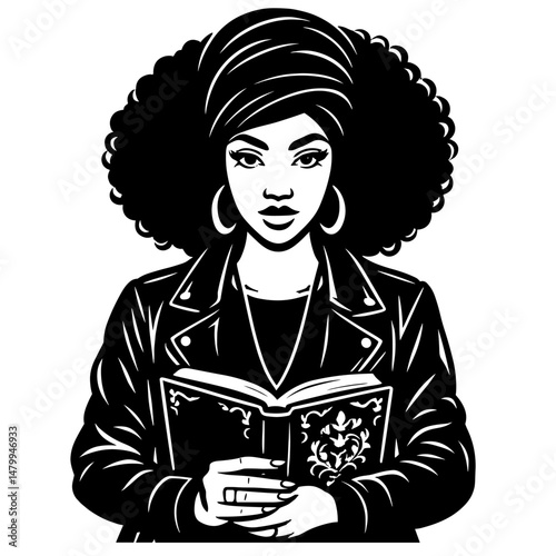 Black and white vector illustration of a woman with afro hairstyle and headwrap reading a book, in hand-drawn spiritual and intellectual style

