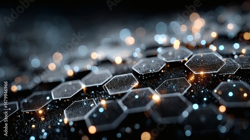 Electric blue technology mesh with luminous circuits and geometric hexagons on a dark tech-themed background 
