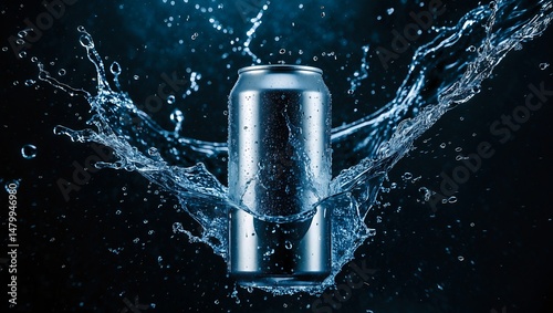 Chilled silver soda can amidst thrilling water splashes