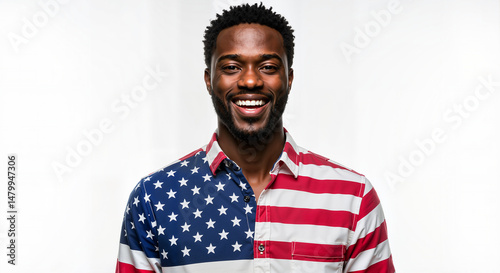 Smiling man wearing an American flag shirt in a studio portrait for US Independence Day