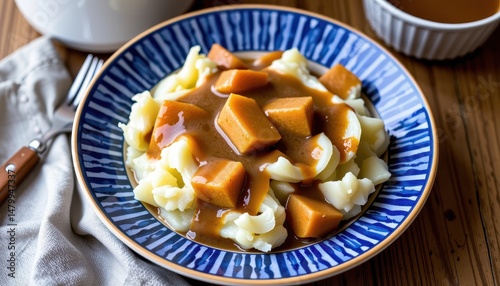 a plate of mashed potatoes served with gravy, placed in front of a cup, possibly containing coffee or another beverage, set against a wooden surface