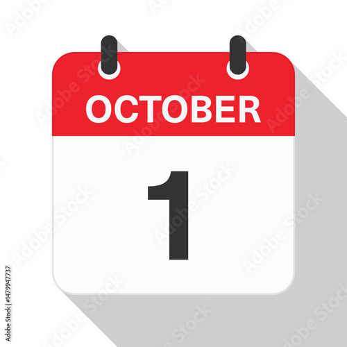 October 1 Daily Calendar. Red Theme on White Background.