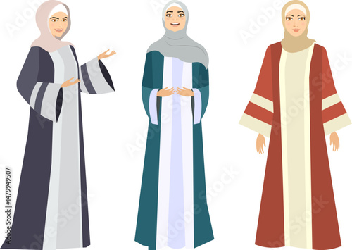 Muslim woman in hijab. Beautiful girls in beautiful dresses.   Modern Muslim women in traditional hijabs. Vector people. Color vector illustration
