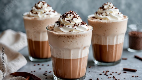 Delicious chilled coffee frappuccino with cream and cocoa