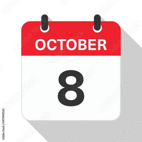 October 8 Daily Calendar. Red Theme on White Background.