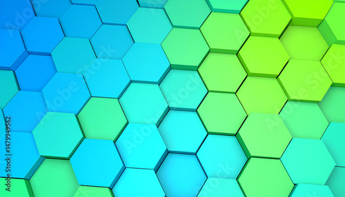 Colorful hexagonal patterns create a vibrant, geometric design, showcasing a blend of blue and green shades in a visually appealing arrangement
