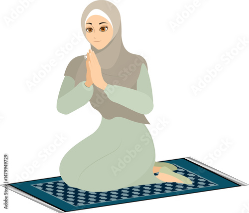 Muslim woman in hijab. A beautiful girl is praying. Modern Muslim women in traditional hijabs. Vector people. Color vector illustration