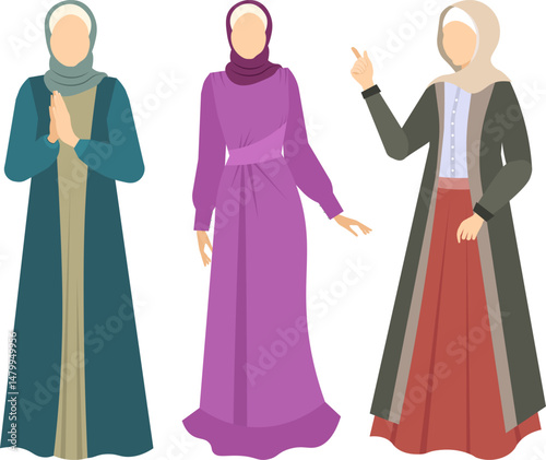 Muslim woman in hijab. Different Muslim dresses. Modern Muslim women in traditional hijabs. Vector people. Color vector illustration