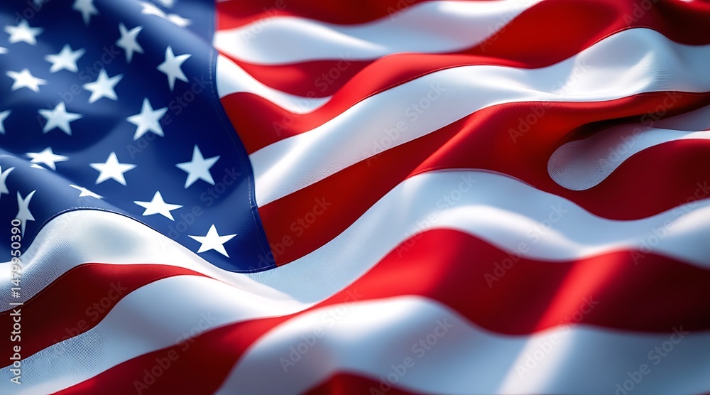 Obraz premium Waving American flag: USA's patriotic banner with red and white stripes, blue field of stars, a national symbol of freedom in the wind