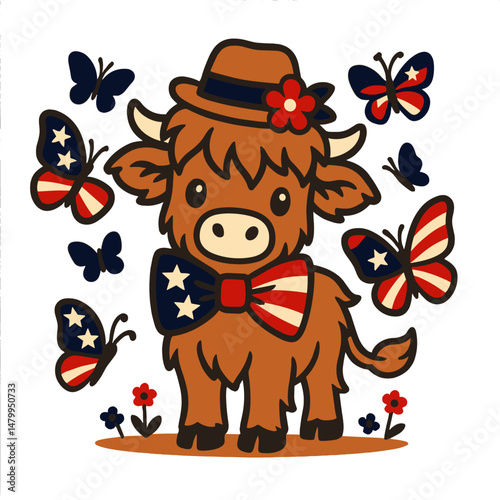 Highland Cow's Patriotic Parade: A charming cartoon highland cow, adorned with a hat and bow tie, celebrates a festive occasion among patriotic butterflies.