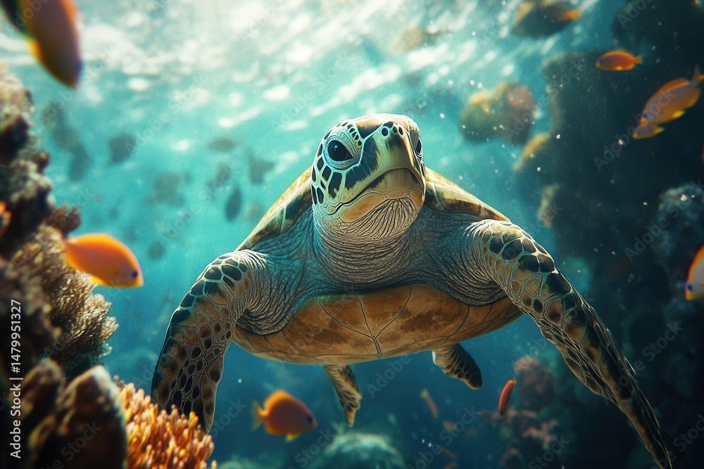 Fototapeta premium Graceful Sea Turtle Glides Through Vibrant Coral Reef, Surrounded by Schools of Small Fish in Turquoise Waters