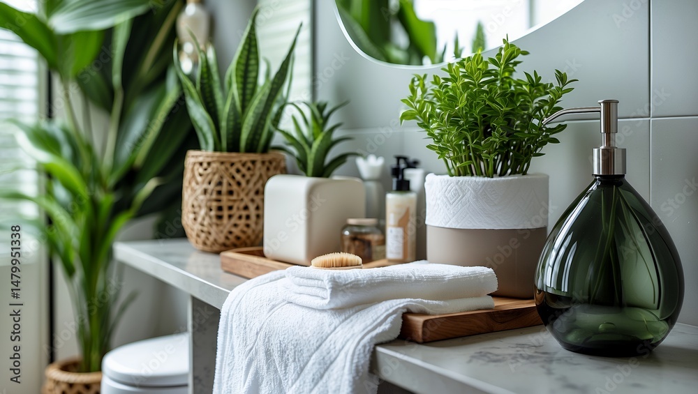 Fototapeta premium Elegant bathroom decor with natural elements and plants