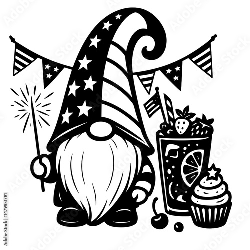 Patriotic Gnome Illustration: An intricately designed cartoon gnome, a burst of festive cheer holding a sparkler. Celebrates national pride.