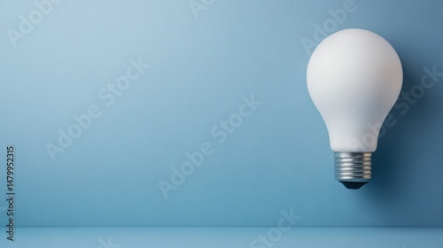Modern minimalist white light bulb resting on a blue background with soft shadows and subtle color gradient for creative lighting ideas or interior decor concept