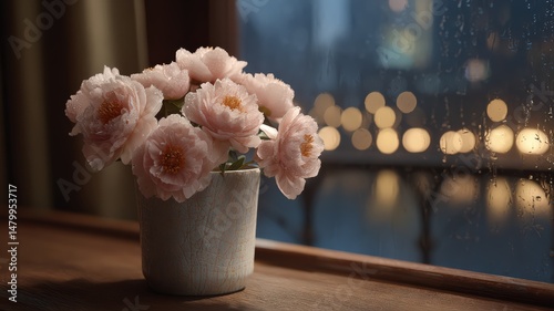 Serene Pink Peonies in a Pot on a Rainy Night Windowsill