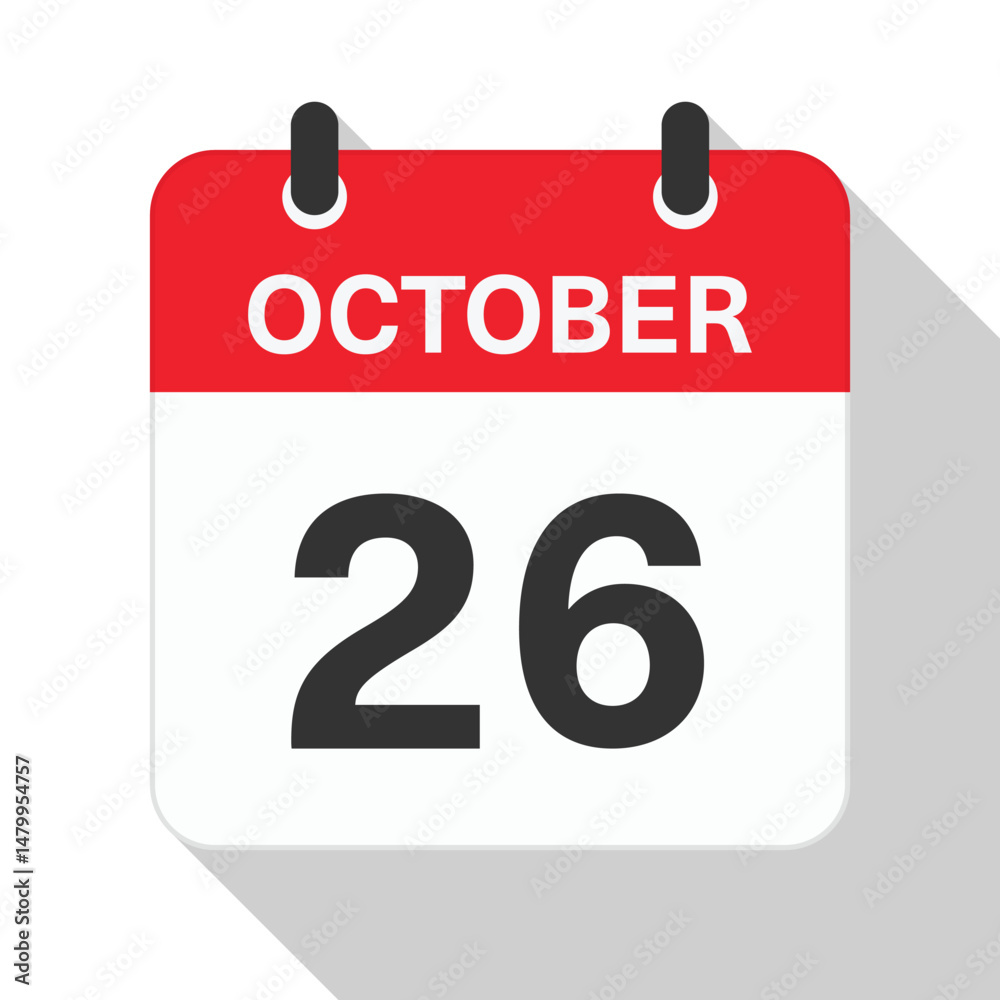 Fototapeta premium October 26 Daily Calendar. Red Theme on White Background.