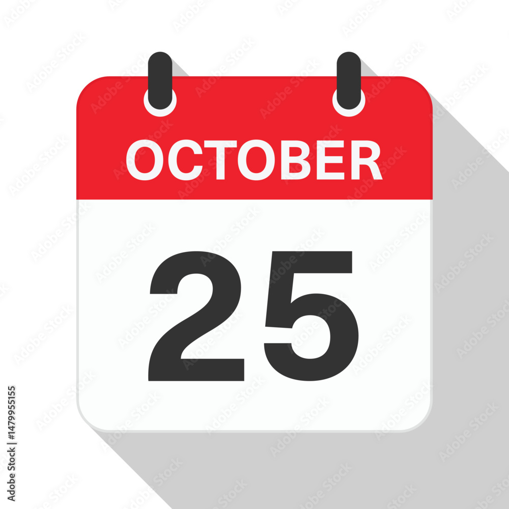 Fototapeta premium October 25 Daily Calendar. Red Theme on White Background.