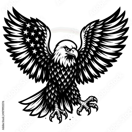 Soaring Symbol of Freedom: An emblem of strength and liberty, this striking black and white illustration depicts a powerful eagle with outstretched wings, embodying the spirit of freedom.