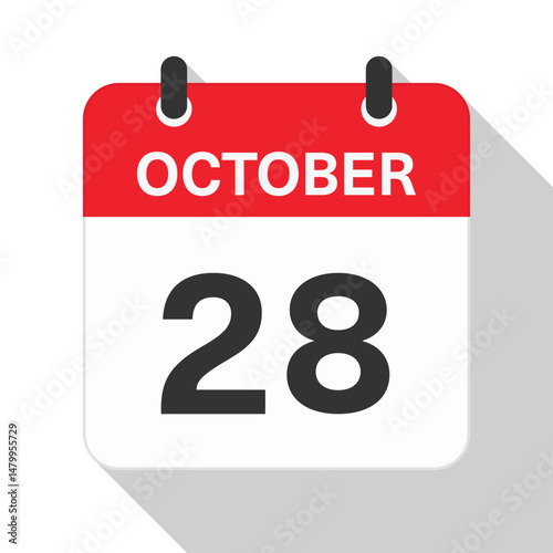 October 28 Daily Calendar. Red Theme on White Background.