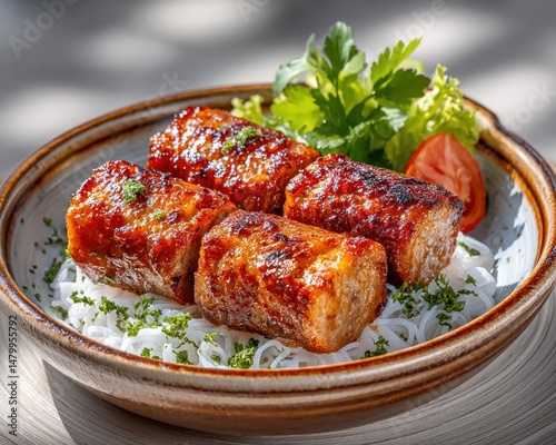 Delicious nem nuong grilled pork sausage rolls served with fresh herbs and rice noodles in a vibrant beach setting photo