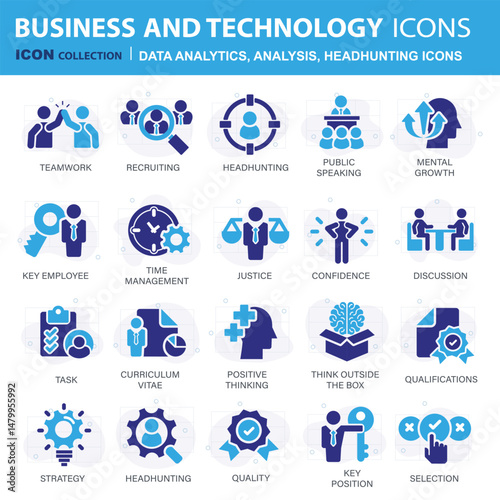 Headhunting icon set. Recruitment icon. Analytics icon set. Containing data analytics, graph visualization, dashboard metrics, report, financial, seo analytics, Job Interview, Career Path, Resume