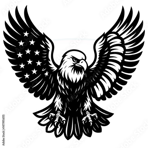 Patriotic Eagle Emblem: A majestic bald eagle soars with spread wings, its silhouette a symbol of strength, freedom, and national pride. A bold graphic art style.