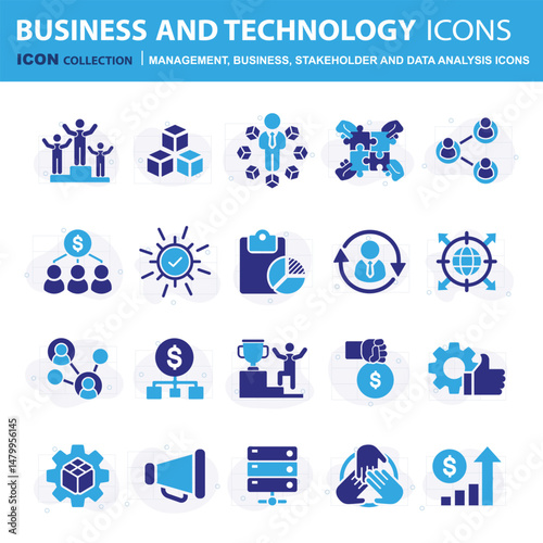 Business, data analysis, organization management, stakeholder and technology set. Teamwork, strategy, planning, marketing, cloud technology, data analysis, employee icon set. Icons vector collection