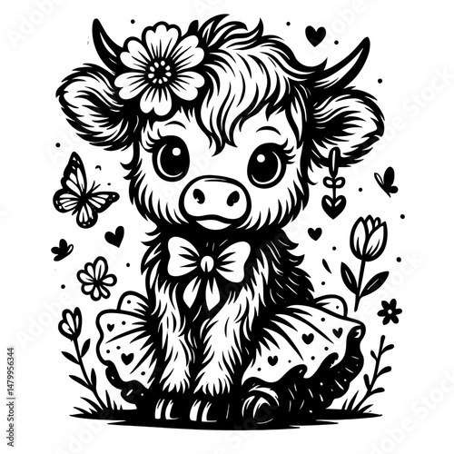 Enchanting Highland Calf Illustration: A charming illustration presents a delightful highland calf adorned with floral accents and delicate details, creating a captivating display of sweetness.