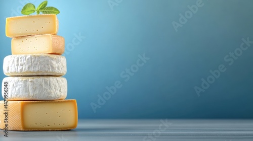 Stack of various types of cheese including soft, hard, and semi-hard cheeses with fresh herbs on top against a blue background arranged in a neat vertical tower