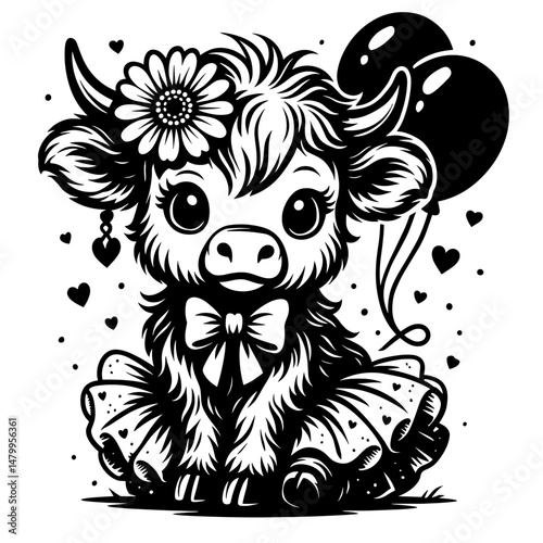 Whimsical Highland Cow Coloring Page: A cute highland cow dressed in a tutu, bow and flower crown surrounded by balloons and hearts.